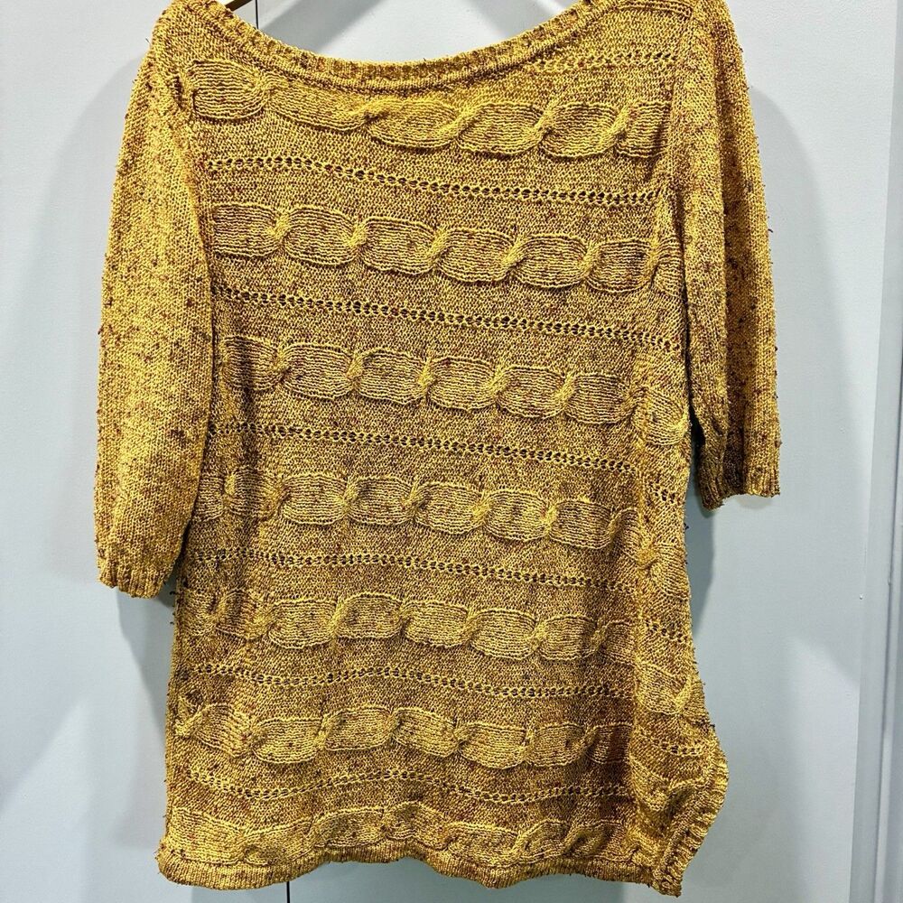 Mustard Yellow Textured Flecked Cable Knit Sweater Golden Rustic Pullover XL